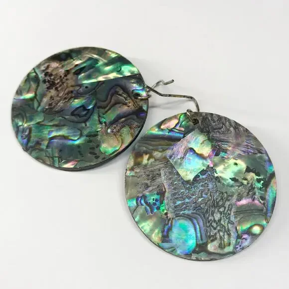 Vintage MOP Mother of Pearl Abalone Shell Round Disc Hook Earrings Oversized - Picture 8 of 9